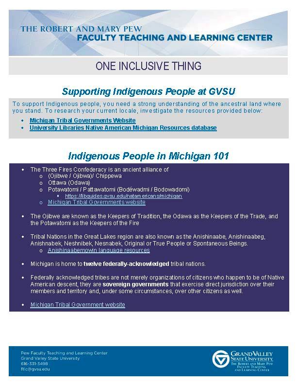 First page of One Inclusive Thing: Supporting Indigenous People at GSVU Handout